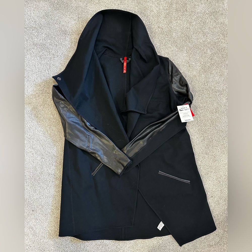 Drapey Black Women's Jacket with Faux Leather Sleeves